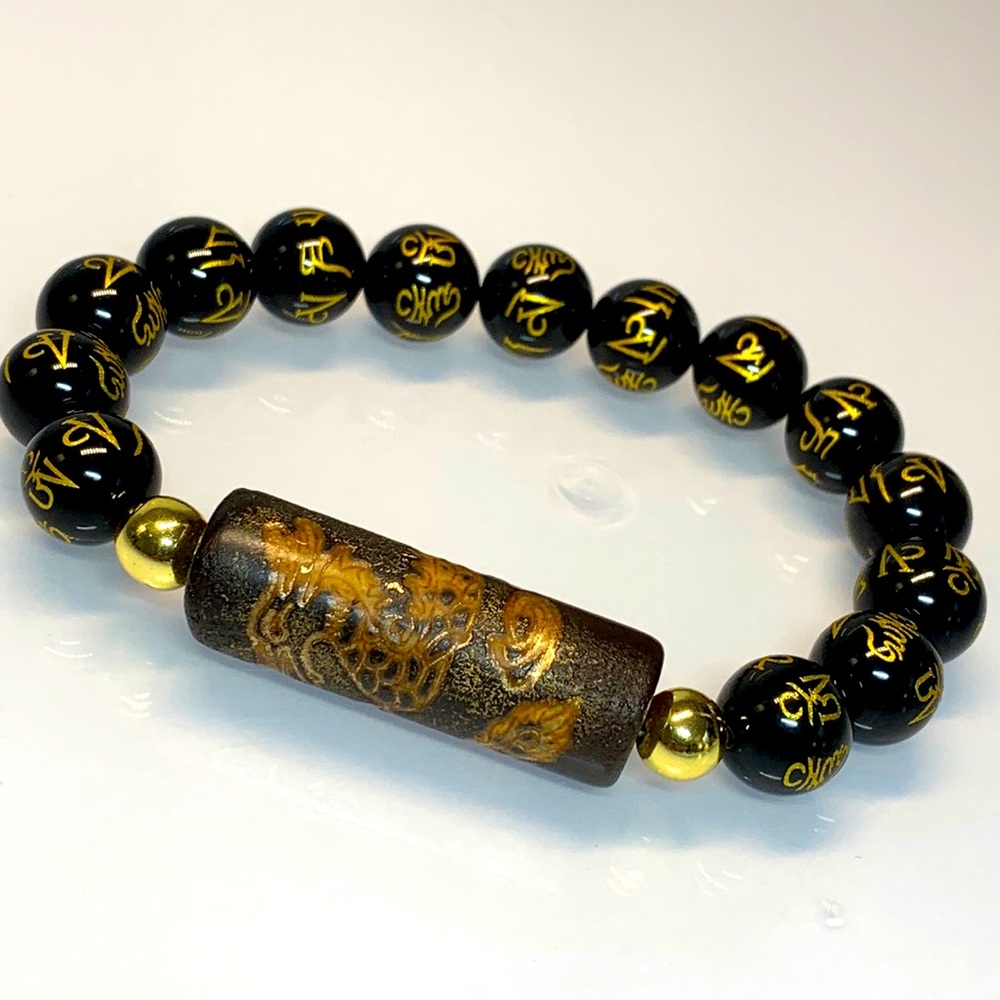 ONYX + TIBETAN TUBE STONES  NATURAL BRACELET size 7”